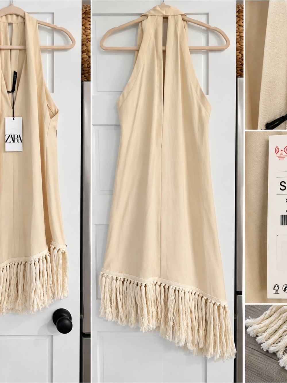 Zara Cream Halter Fringe-Hem Dress